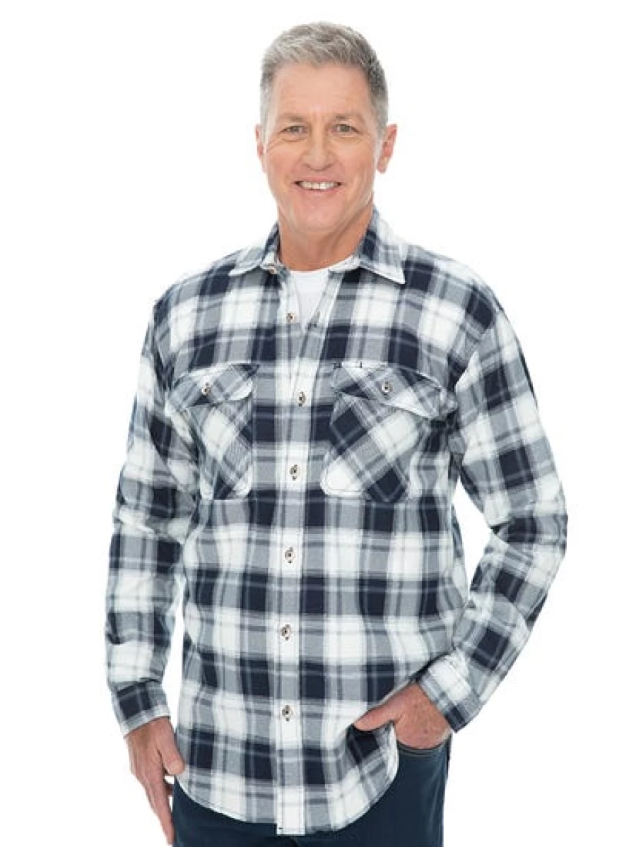 Lowes Men's Navy & White Flannelette Shirt - Soft Comfort Fit Plaid Long Sleeve