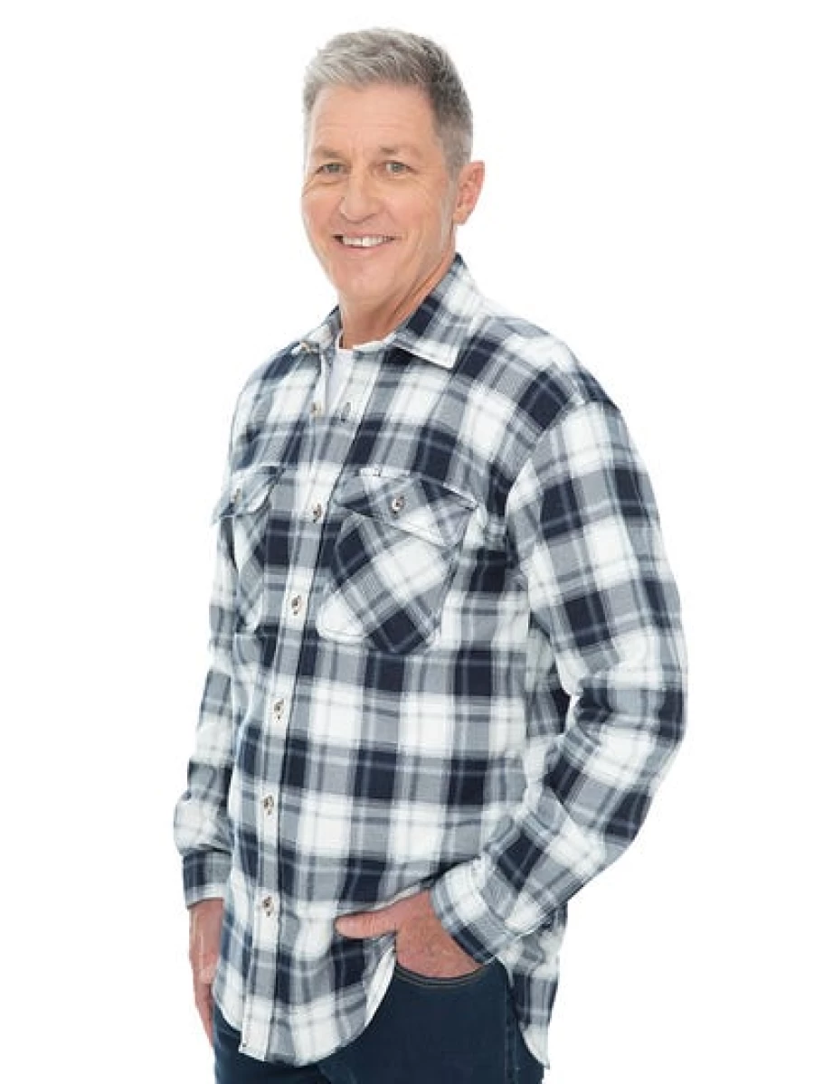 Lowes Men's Navy & White Flannelette Shirt - Soft Comfort Fit Plaid Long Sleeve