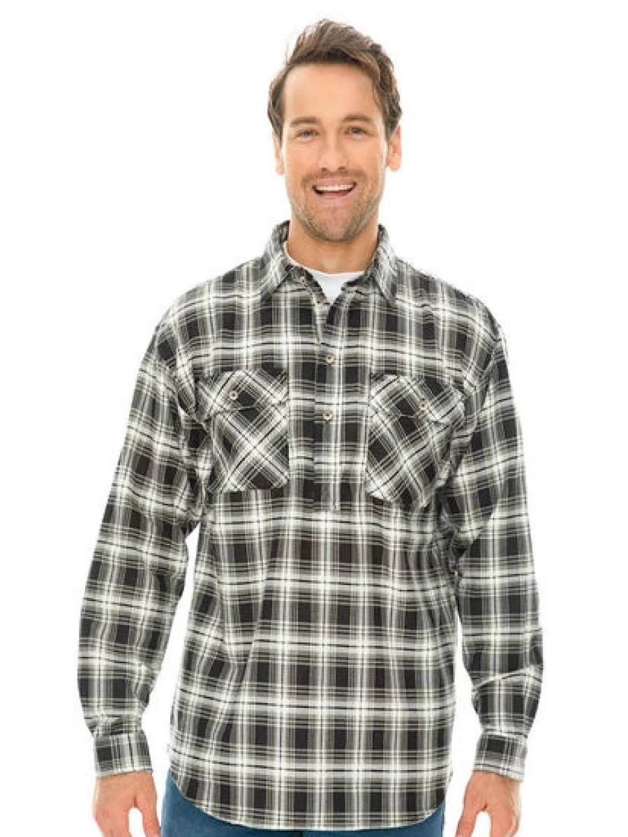 Lowes Men's Black & White Flannel Shirt with 1/4 Placket - Soft Plaid Long Sleeve Button-Up