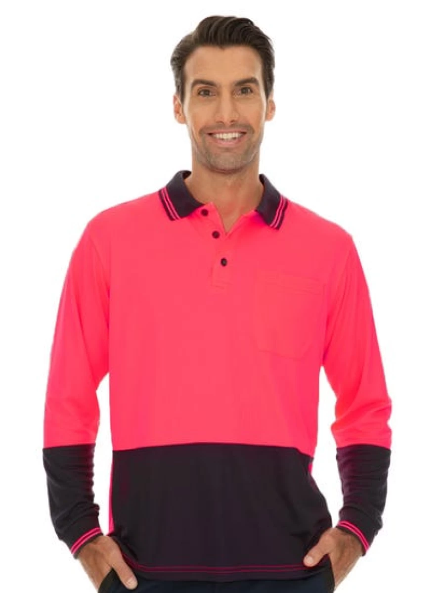Traders Men's Hi-Vis Pink Long Sleeve Polo Shirt - High Visibility Workwear