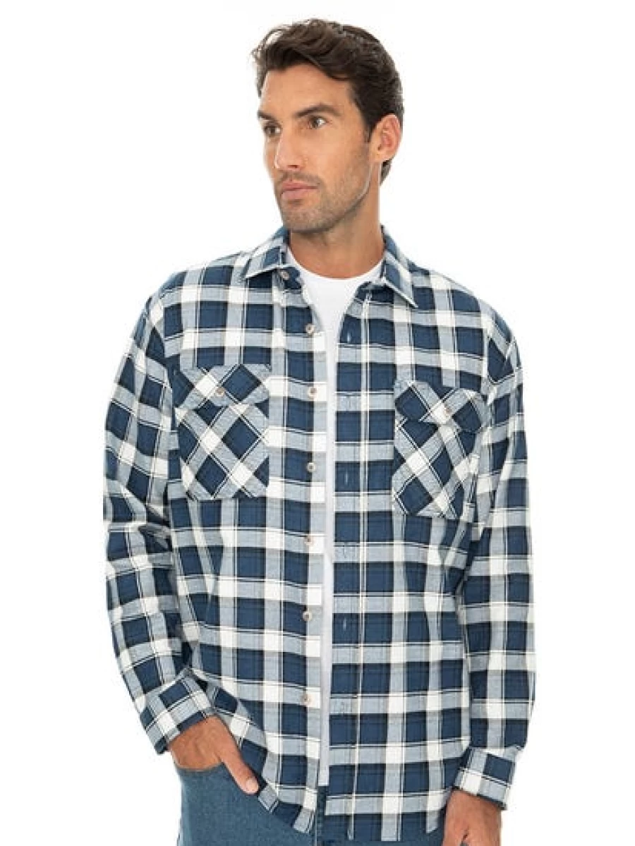 Lowes Men's Blue Flannelette Shirt - Soft Comfort Fit Plaid Long Sleeve