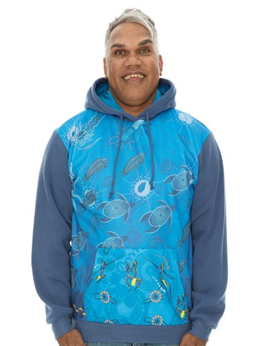 Gumaraa Men's Blue Printed Hoodie - Indigenous Artisan Style Pullover Sweatshirt