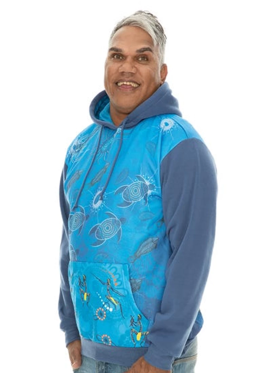 Gumaraa Men's Blue Printed Hoodie - Indigenous Artisan Style Pullover Sweatshirt