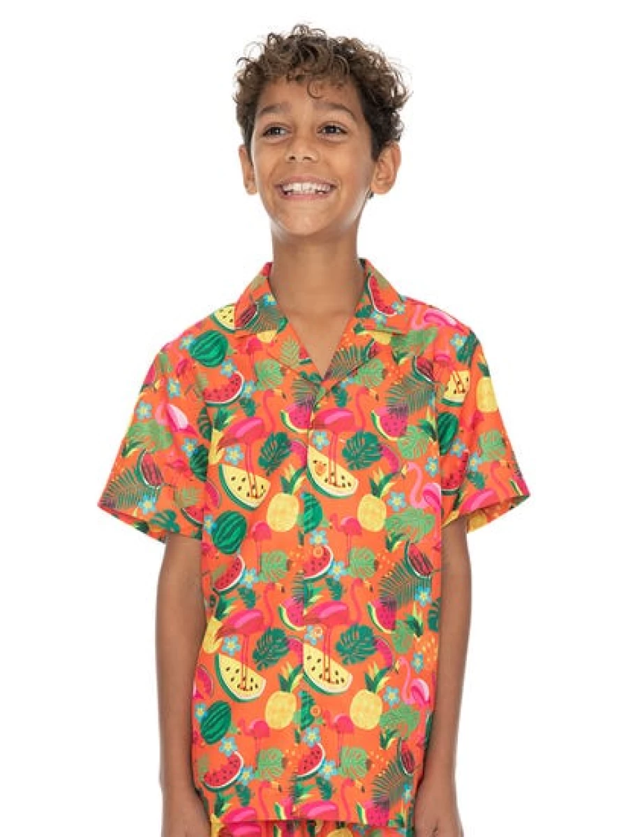 Riley Adams Kids Flamingo Fruit Print Matchy Shirt - Orange Fun Tropical Tee