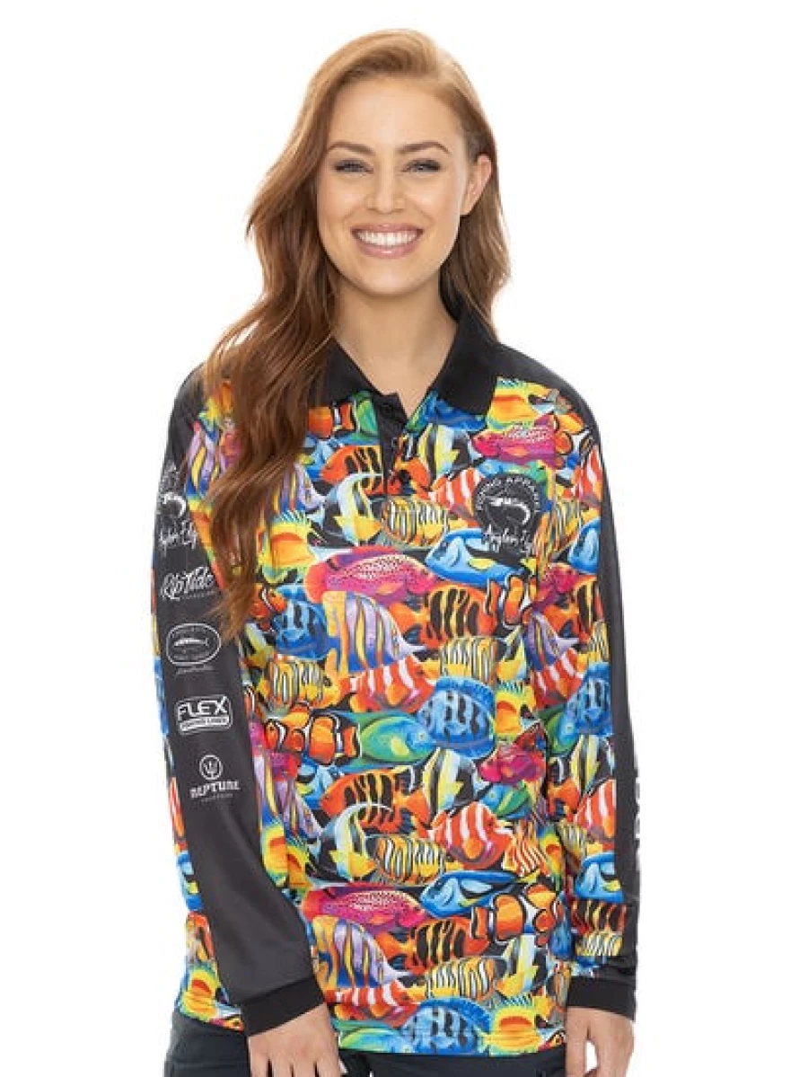 "Anglers Edge Men's Fishing Polo Shirt - Tropical Fish Design Long Sleeve Performance Shirt"