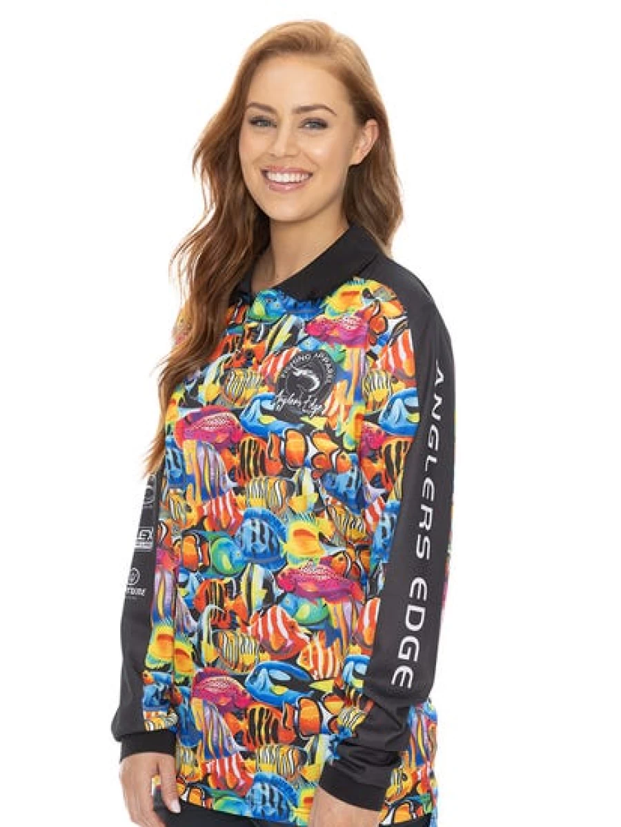 "Anglers Edge Men's Fishing Polo Shirt - Tropical Fish Design Long Sleeve Performance Shirt"