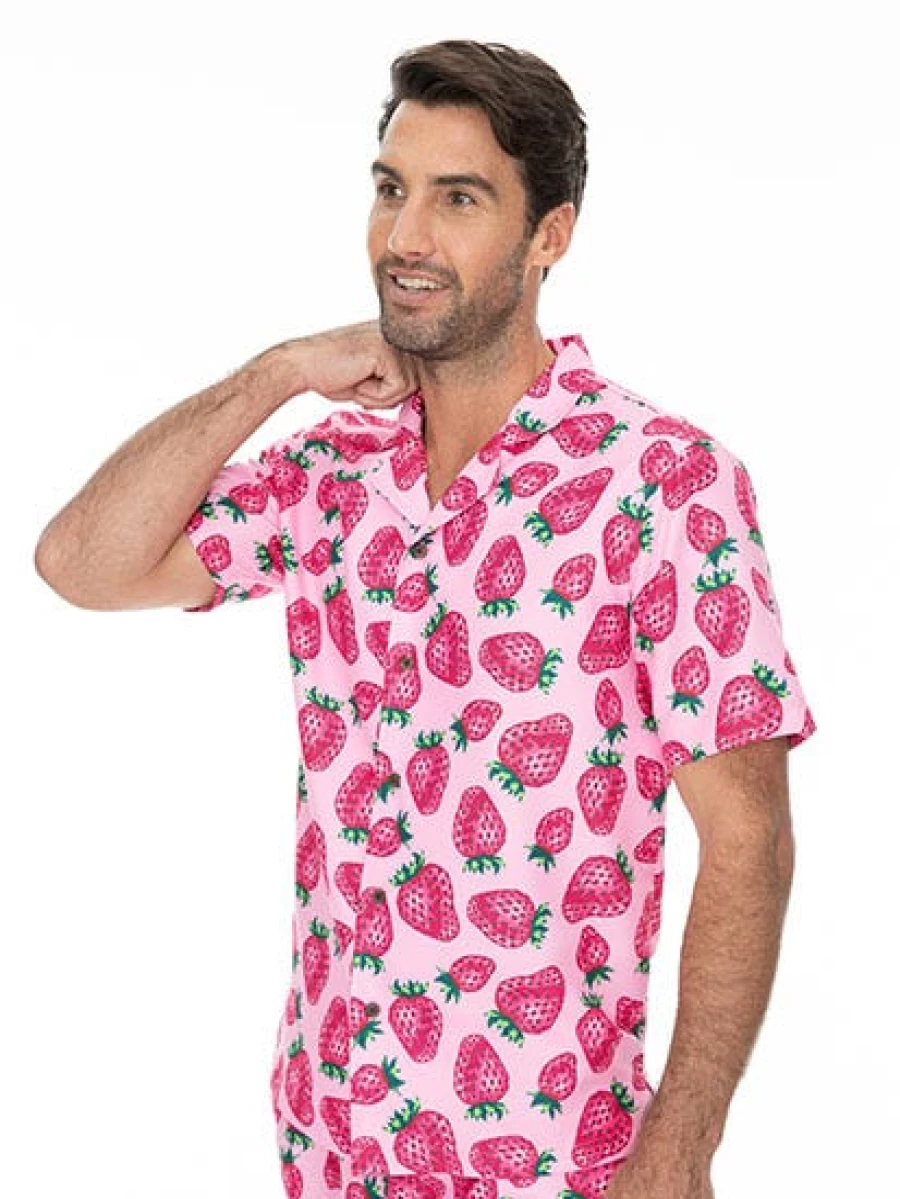 Pacifica Men's Pink Strawberry Print Party Shirt - Fun Matching Casual Top