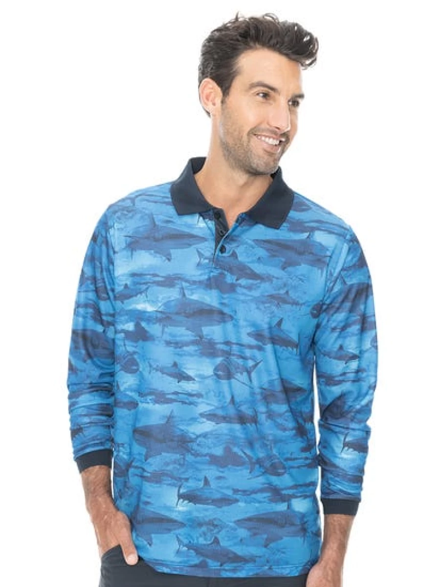 "Anglers Edge Men's Camo Shark Fishing Polo Shirt - Long Sleeve Performance Top"