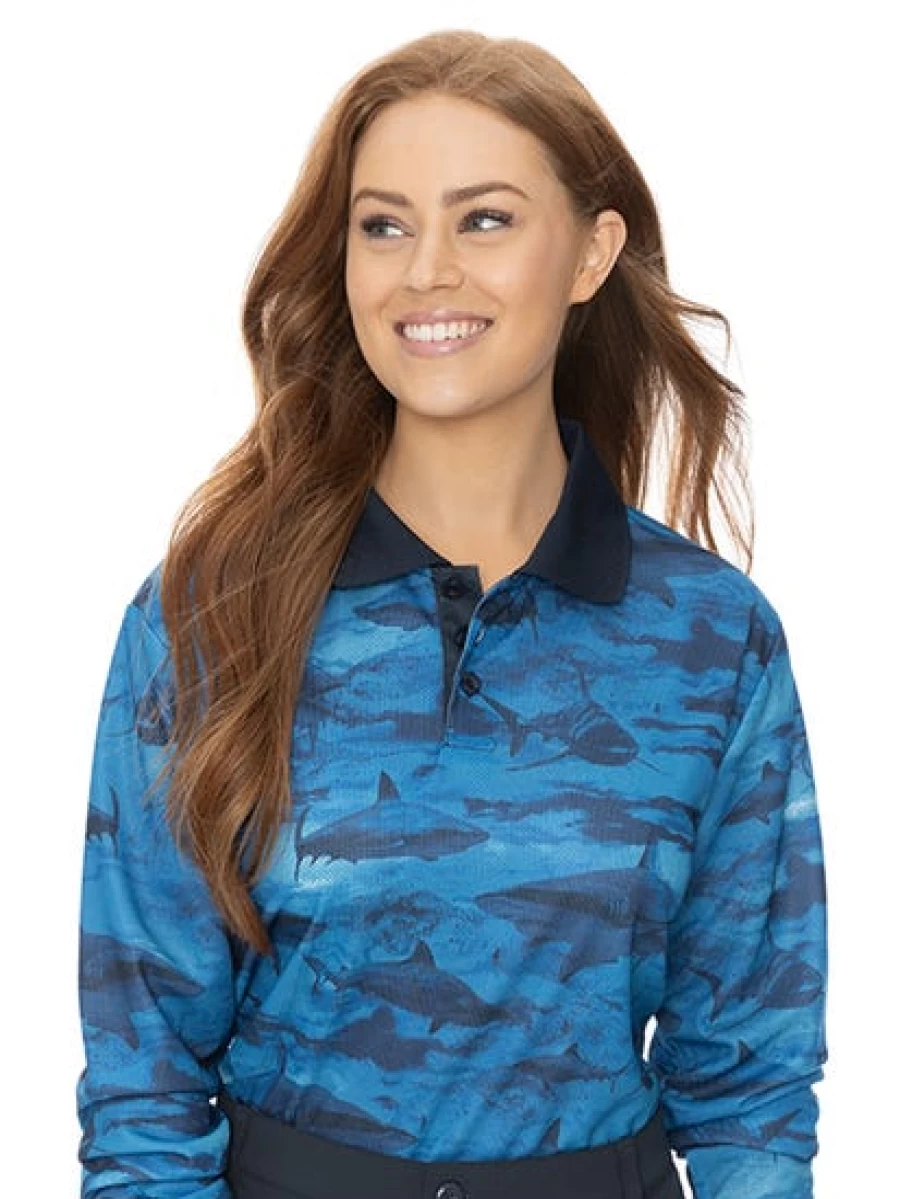 "Anglers Edge Men's Camo Shark Fishing Polo Shirt - Long Sleeve Performance Top"