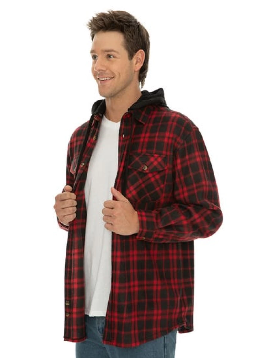 Lowes Men's Polar Fleece Hooded Shirt - Red Check Plaid, Warm Winter Pullover