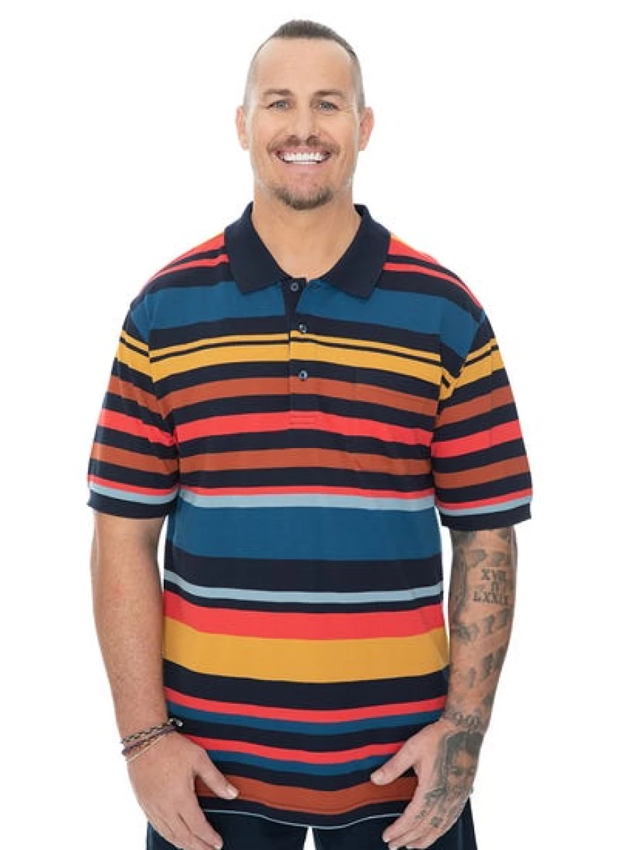 BUILT N FIT Men's Striped Polo Shirt - Performance Multi-Purpose Top for Active Lifestyles