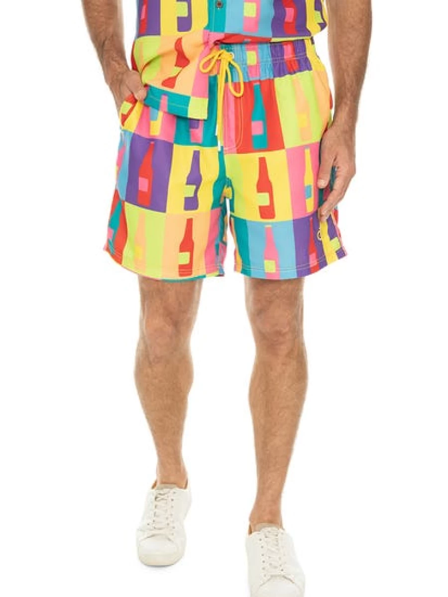 Riley Adams Men's Pop Art Print Matching Party Swim Trunks - Vibrant Multi-Color Design