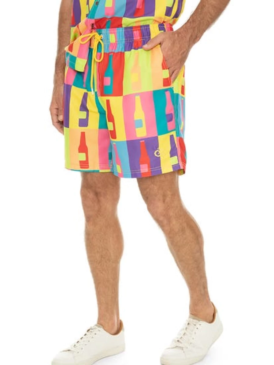 Riley Adams Men's Pop Art Print Matching Party Swim Trunks - Vibrant Multi-Color Design