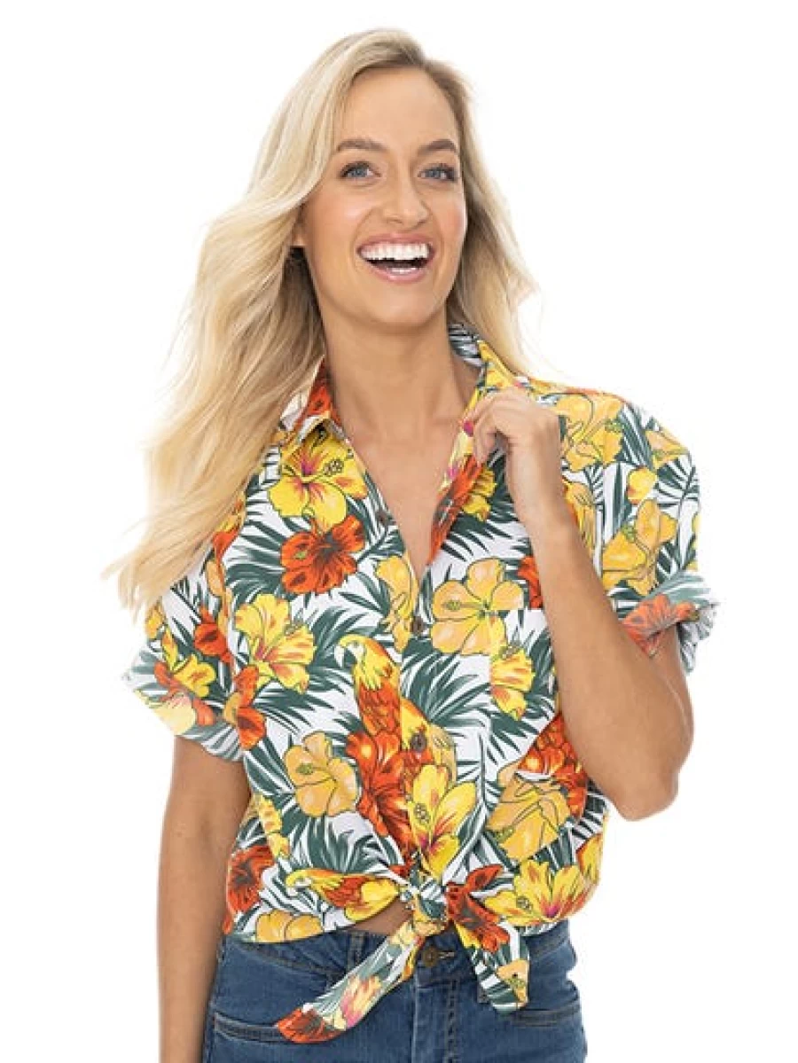 Lowes Tropical Hawaiian Shirt with Vibrant Parrot and Hibiscus Print for Men and Women