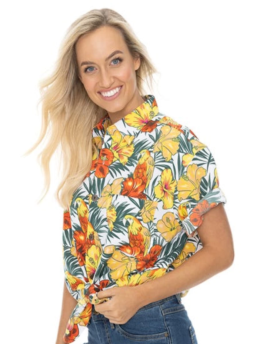 Lowes Tropical Hawaiian Shirt with Vibrant Parrot and Hibiscus Print for Men and Women