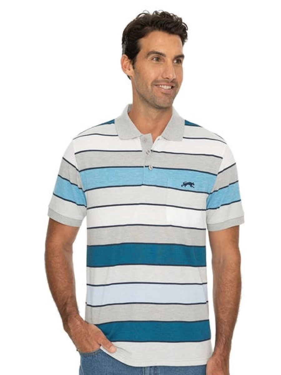 Cougars Men's Grey & Blue Striped Polo Shirt - Classic Casual Comfort Fit