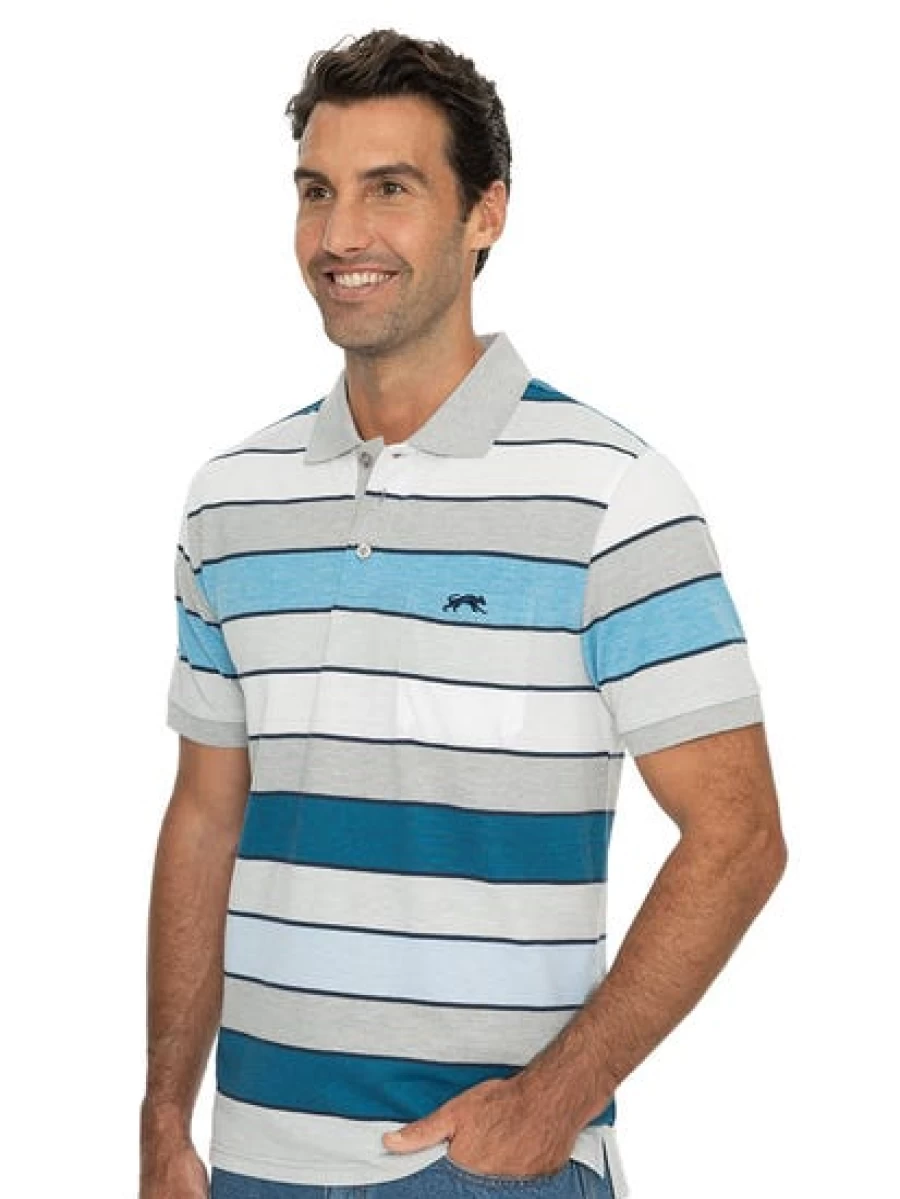 Cougars Men's Grey & Blue Striped Polo Shirt - Classic Casual Comfort Fit