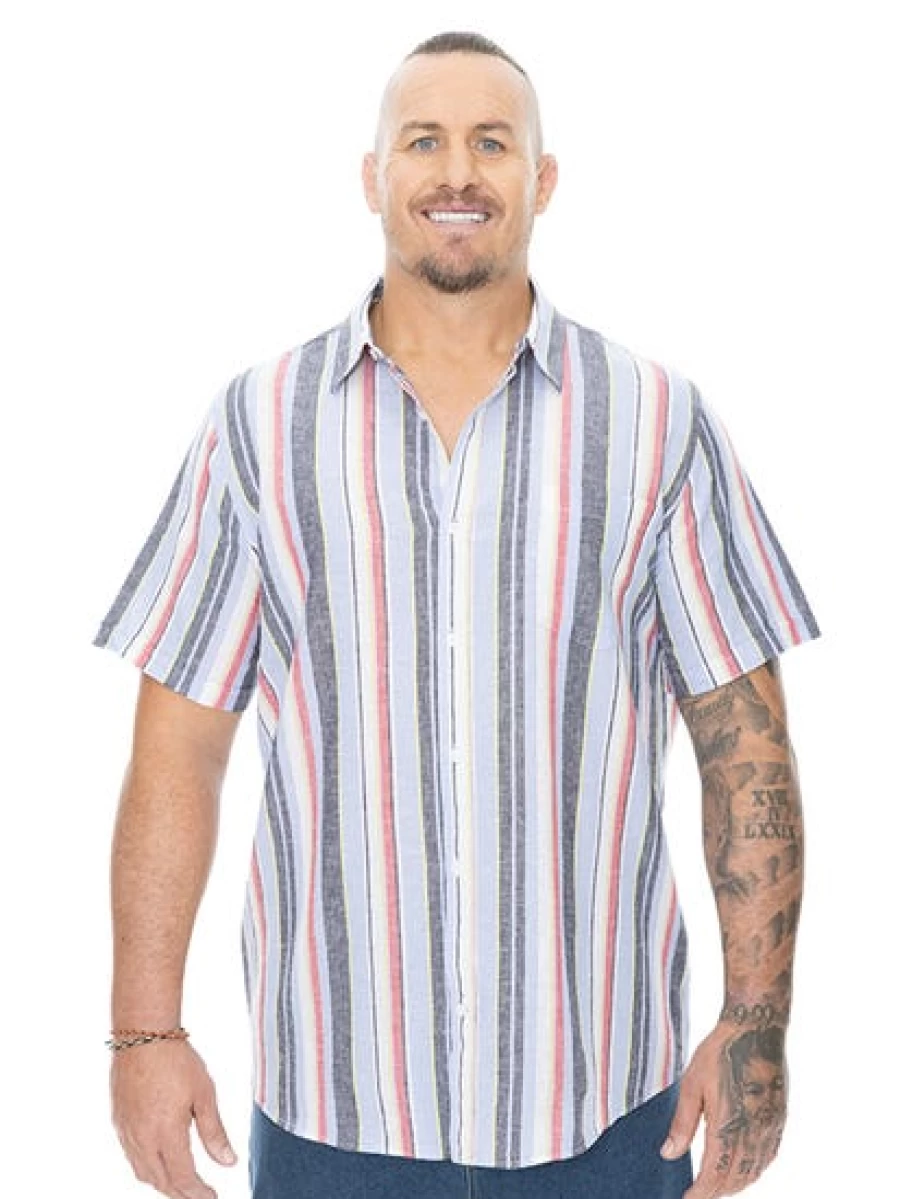 BUILT N FIT Men's Big & Tall Vertical Stripe Linen Shirt - Breathable Summer Casual Button Down