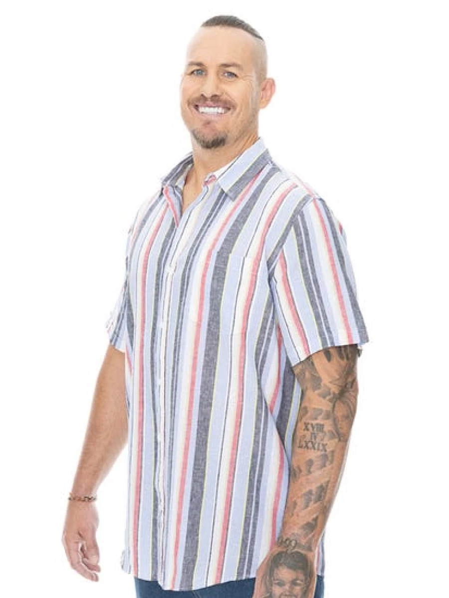 BUILT N FIT Men's Big & Tall Vertical Stripe Linen Shirt - Breathable Summer Casual Button Down
