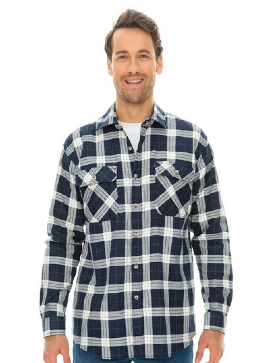 Lowes Men's Navy Check Flannel Shirt - Soft Plaid Long Sleeve Casual Shirt
