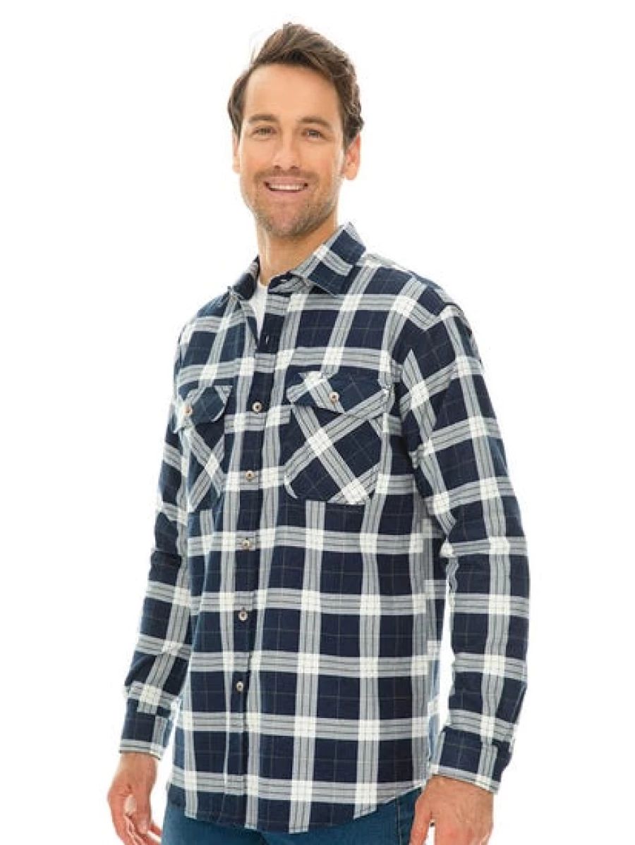 Lowes Men's Navy Check Flannel Shirt - Soft Plaid Long Sleeve Casual Shirt