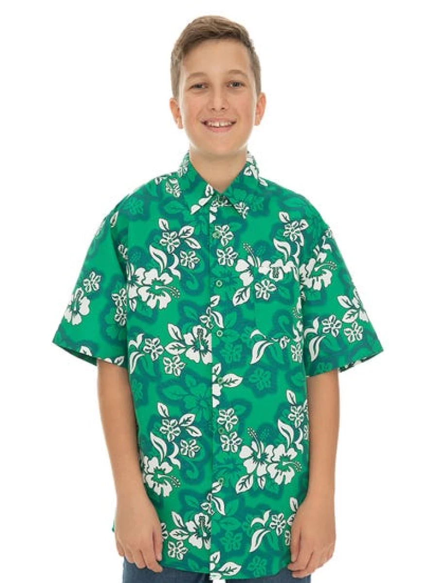Lowes Men's Hawaiian Shirt with Green Hibiscus Print for Kids Style