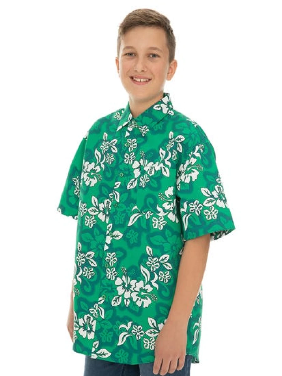 Lowes Men's Hawaiian Shirt with Green Hibiscus Print for Kids Style