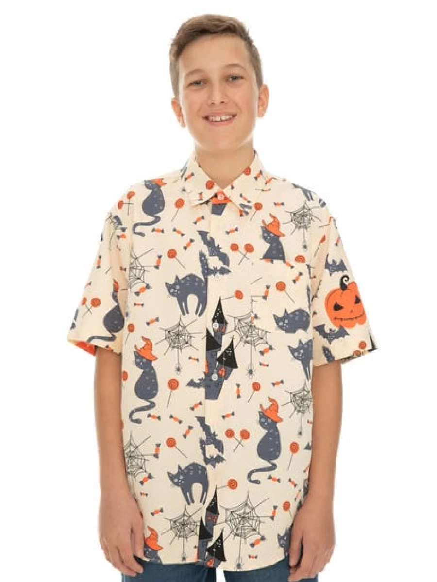 Lowes Kids Hawaiian Shirt - Orange Tropical Print Halloween Costume Shirt for Boys and Girls