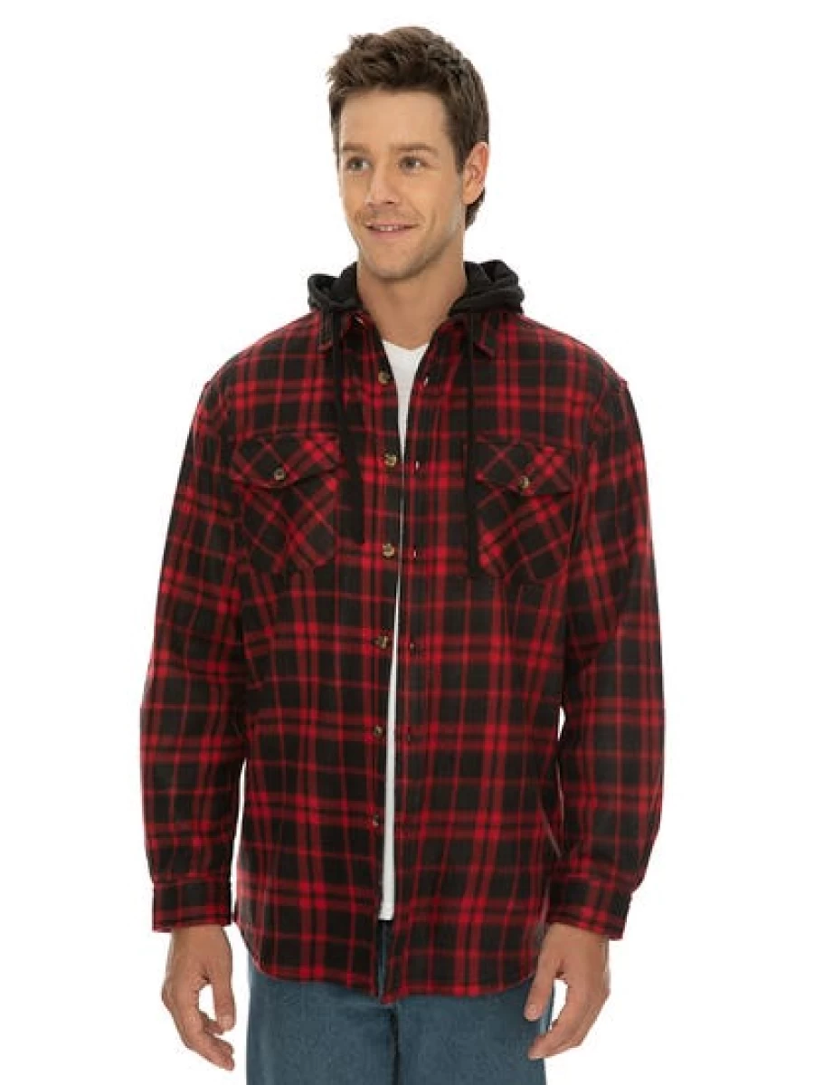 Lowes Men's Polar Fleece Hooded Shirt - Red Check Plaid Winter Warm Top