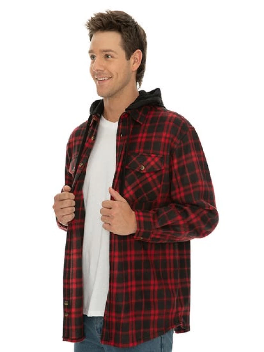 Lowes Men's Polar Fleece Hooded Shirt - Red Check Plaid Winter Warm Top
