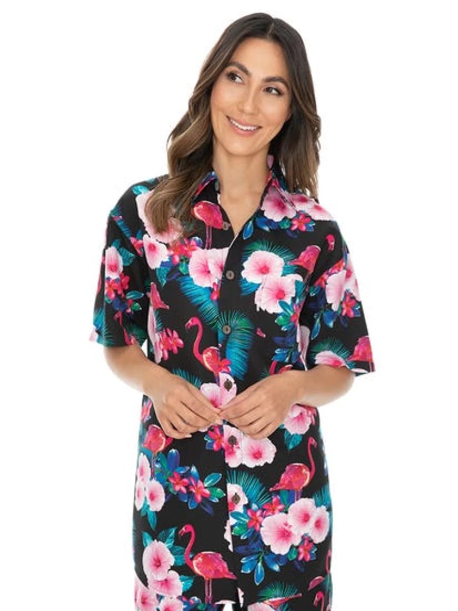 Lowes Men's Hawaiian Shirt - Black Flamingo & Hibiscus Print Short Sleeve Casual Beach Shirt