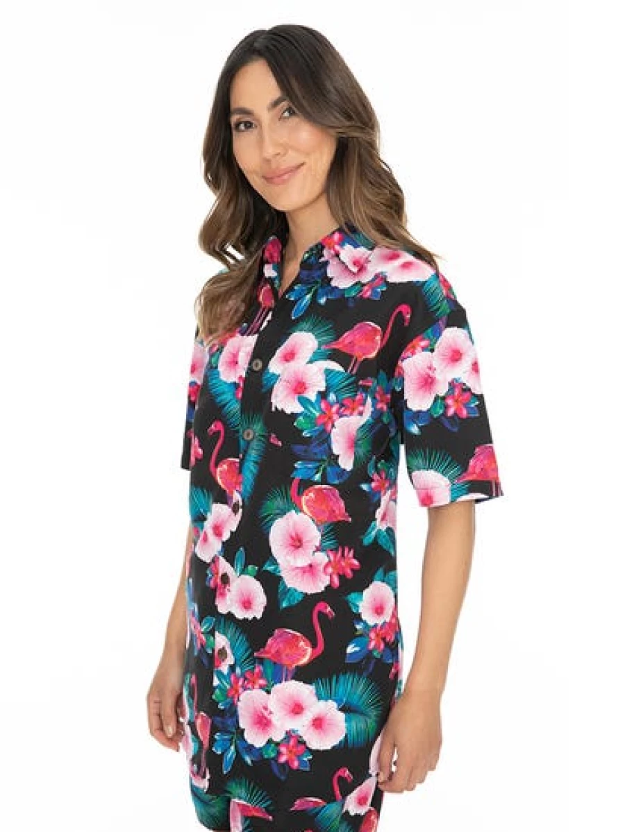 Lowes Men's Hawaiian Shirt - Black Flamingo & Hibiscus Print Short Sleeve Casual Beach Shirt
