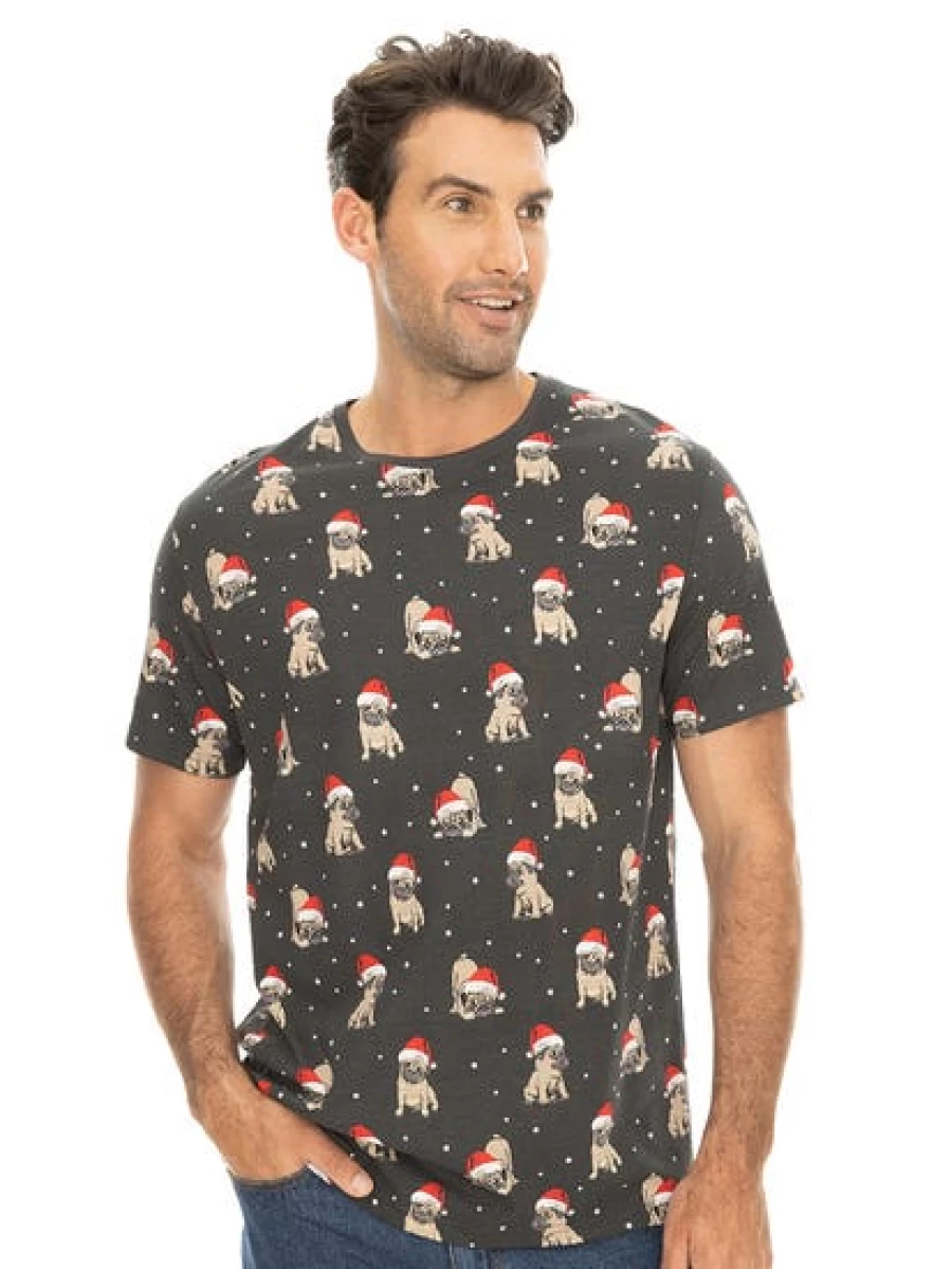 Lowes Men's Christmas Pug Graphic Grey T-Shirt - Festive Holiday Tee