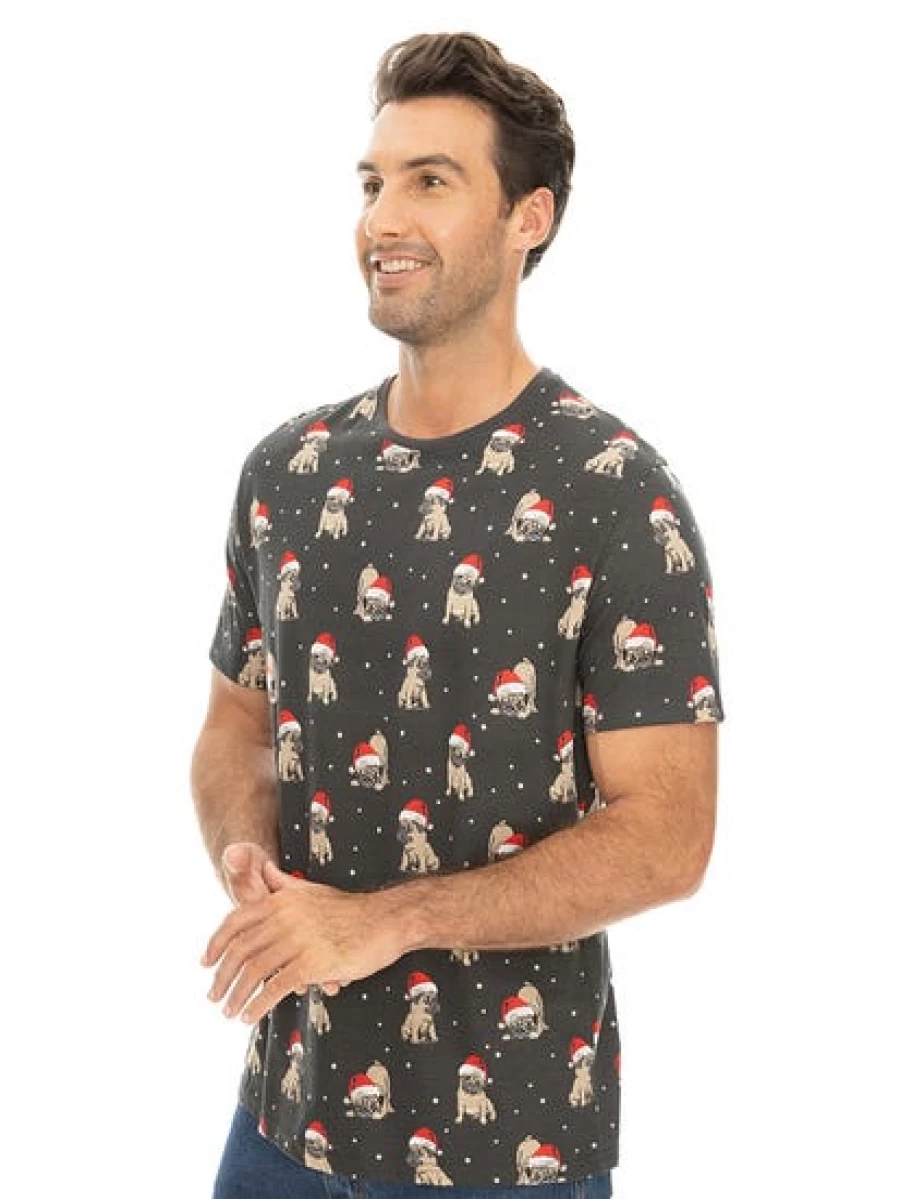 Lowes Men's Christmas Pug Graphic Grey T-Shirt - Festive Holiday Tee