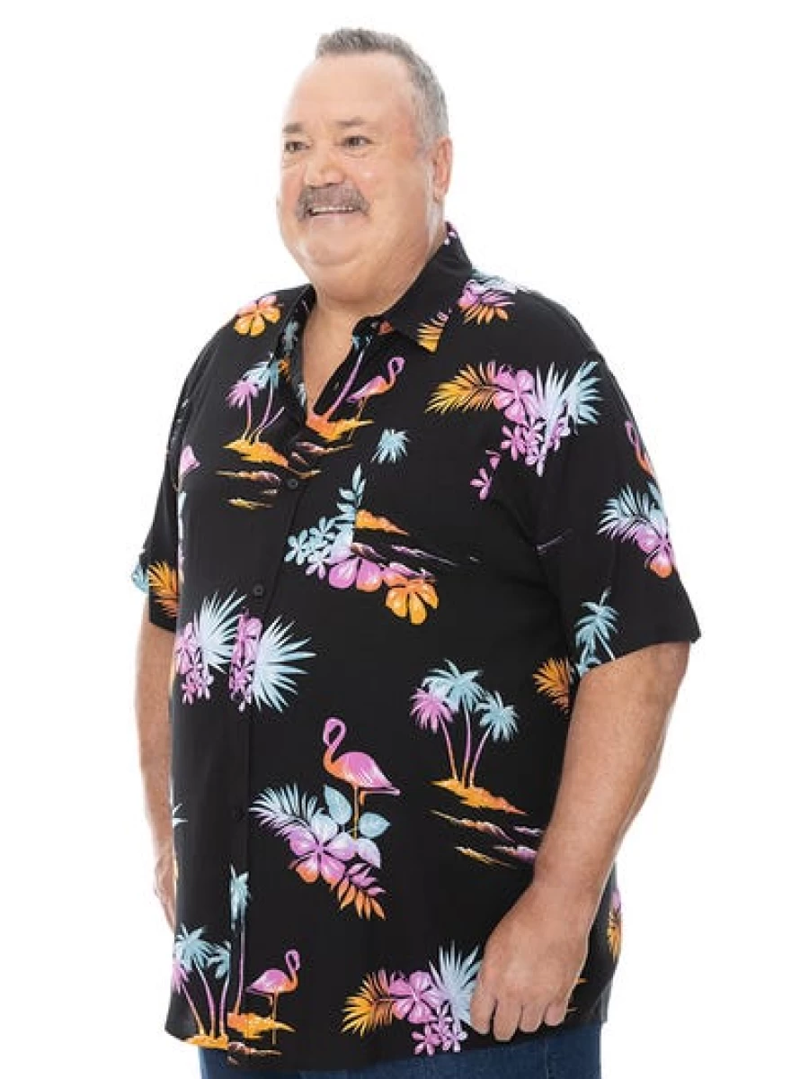 Built N Fit Men's Flamingo Print Short Sleeve Hawaiian Shirt - Big & Tall Tropical Vacation Shirt