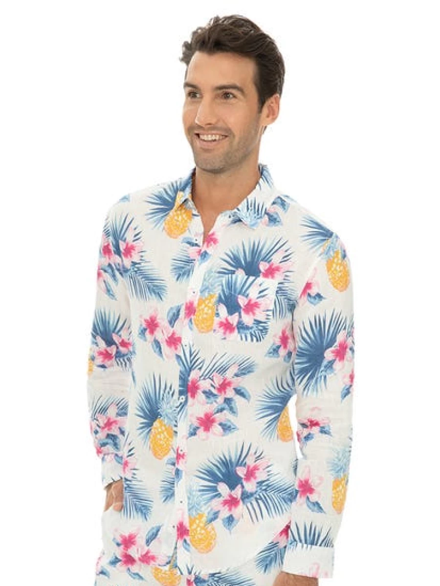 Riley Adams Men's White Linen Long Sleeve Shirt with Floral Pattern