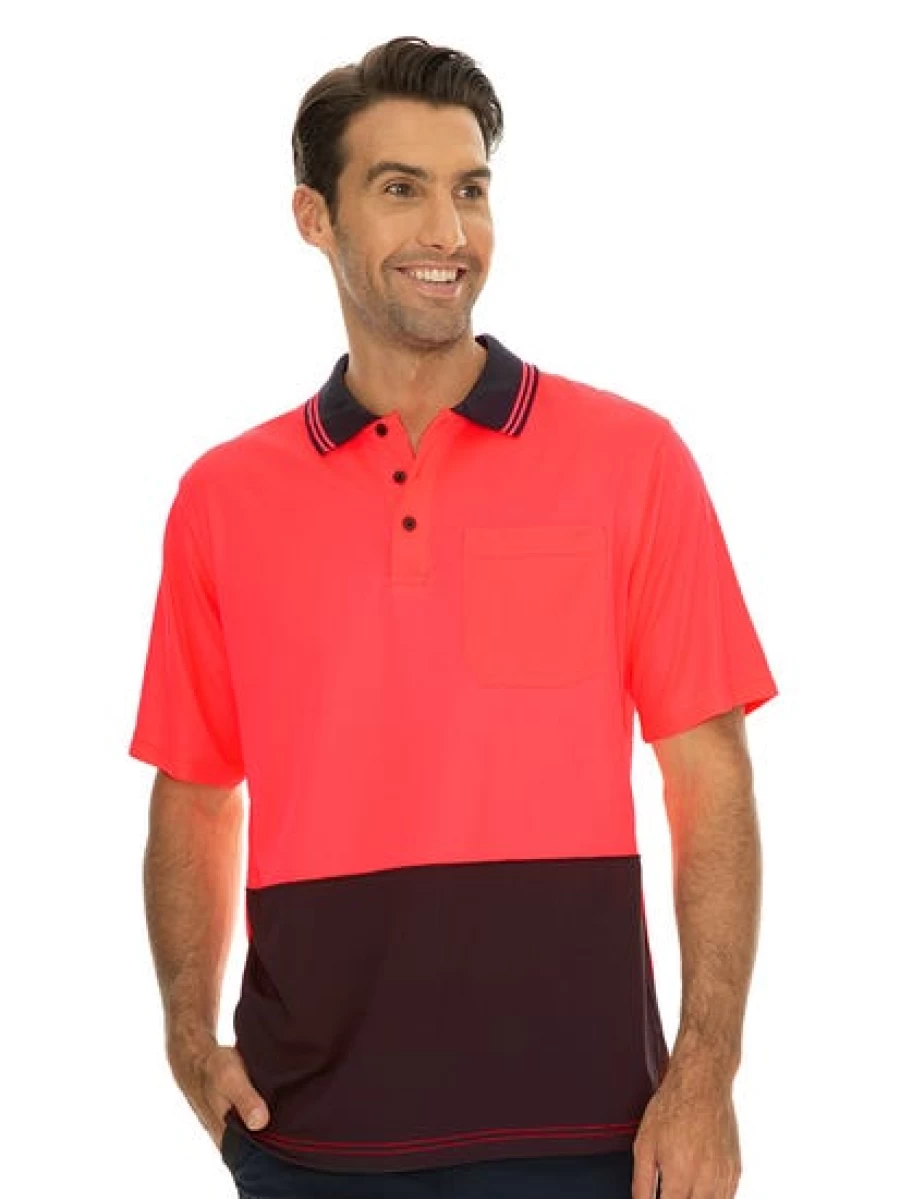 "Traders Men's Cool Dry Hi-Vis Polo Shirt - Pink & Navy Moisture Wicking Workwear"