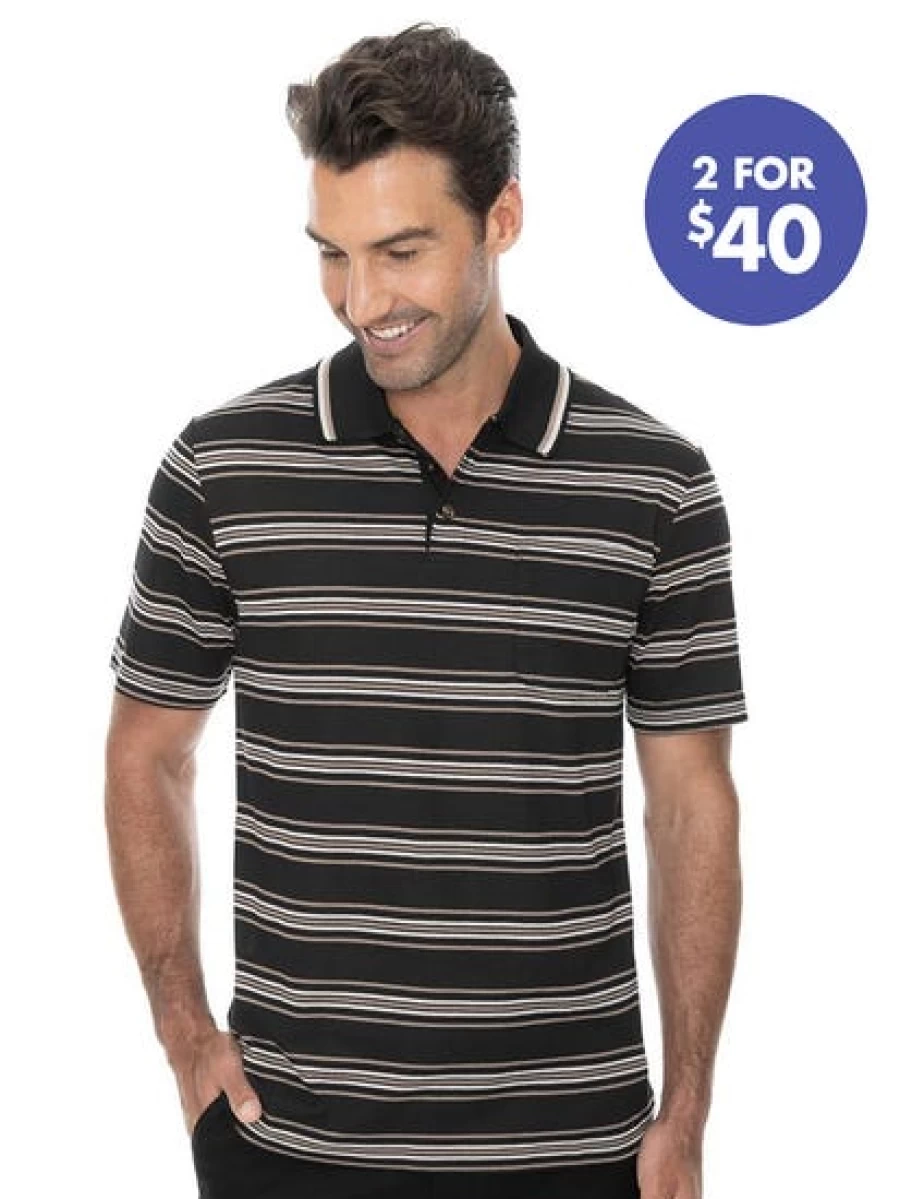 Lowes Men's Black & Taupe Striped Polo Shirt Casual Classic Fit