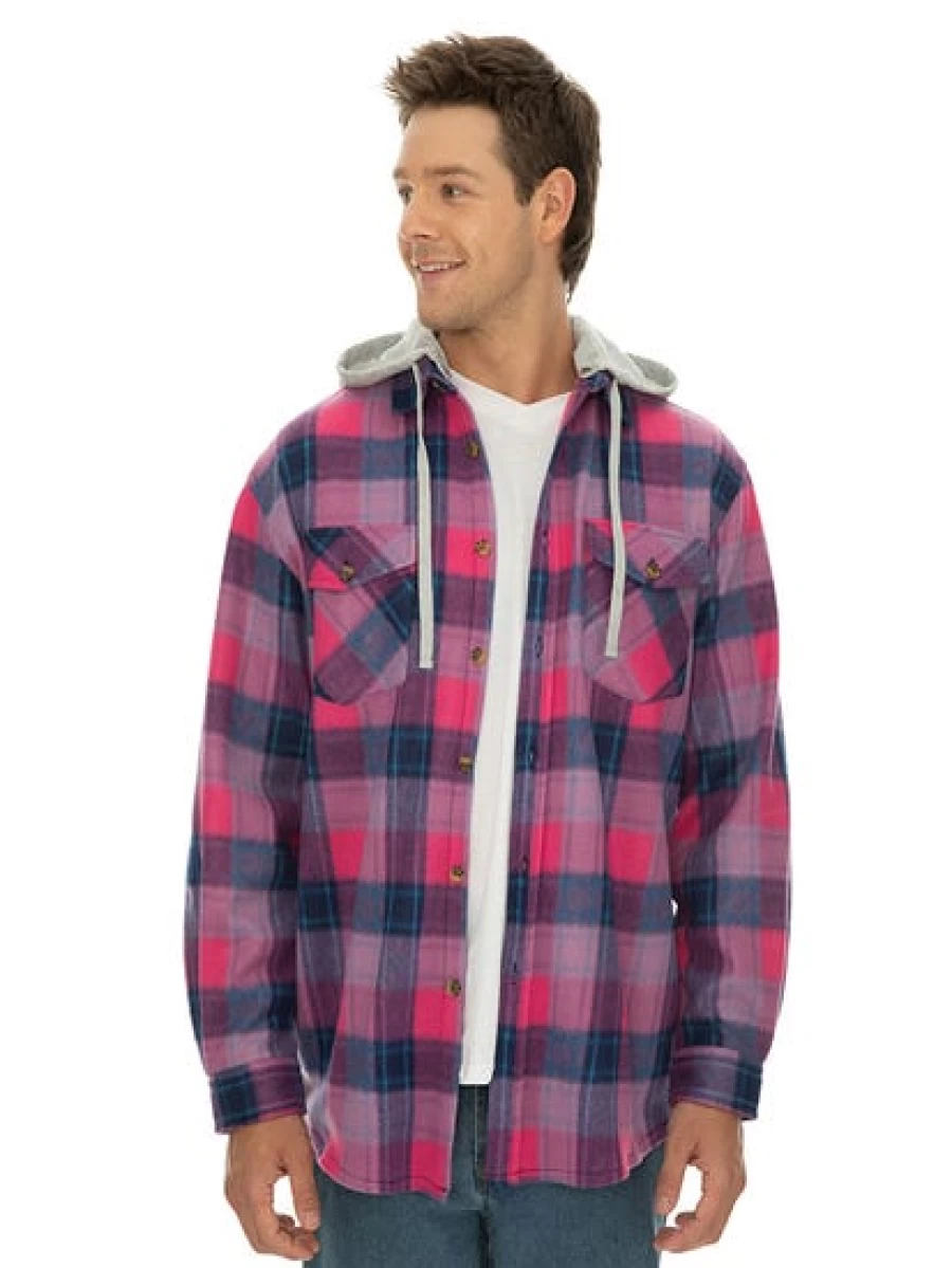 Lowes Men's Polar Fleece Hooded Shirt in Pink Check Pattern