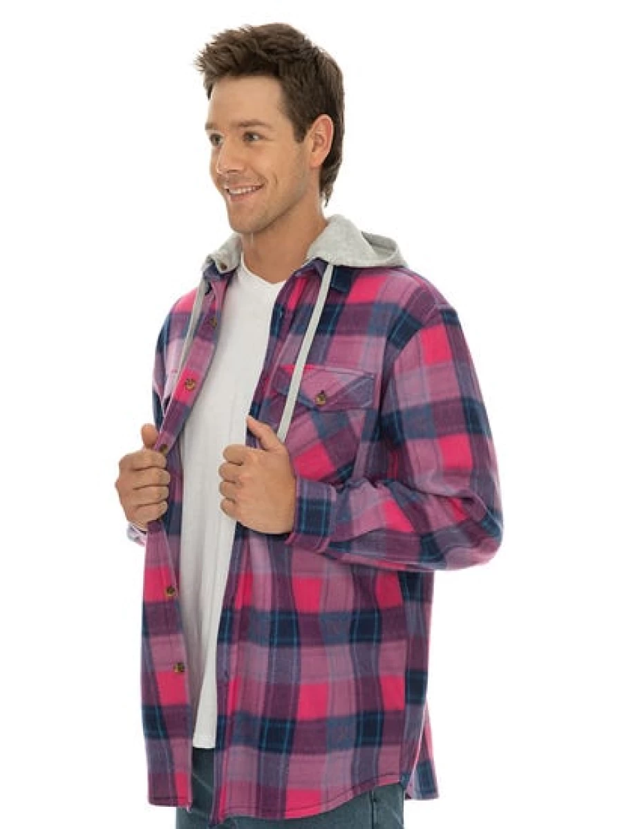 Lowes Men's Polar Fleece Hooded Shirt in Pink Check Pattern