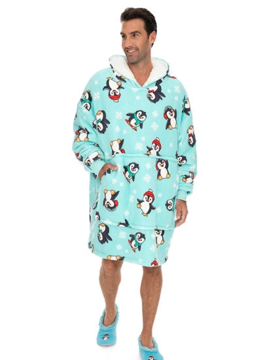 Lowes Men's Penguin Blue Hooded Blanket - Soft & Warm Fleece Wearable Throw