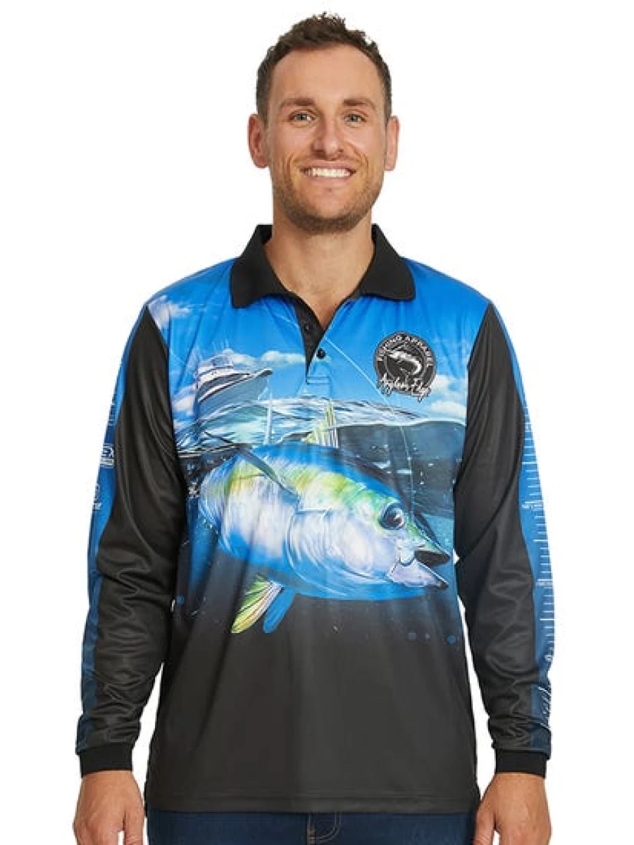 "Men's Anglers Edge Blue Tuna Fishing Polo Shirt – Performance Sportswear for Anglers"