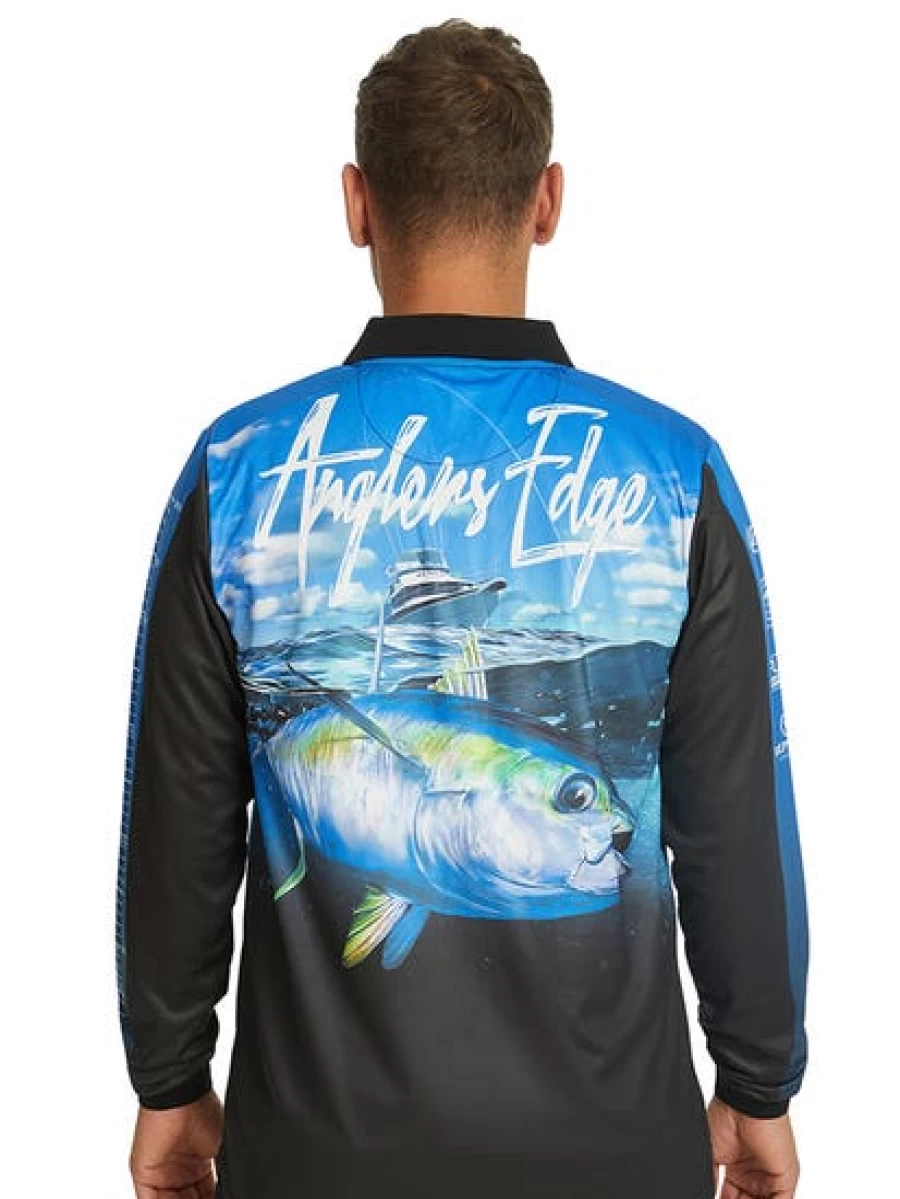"Men's Anglers Edge Blue Tuna Fishing Polo Shirt – Performance Sportswear for Anglers"