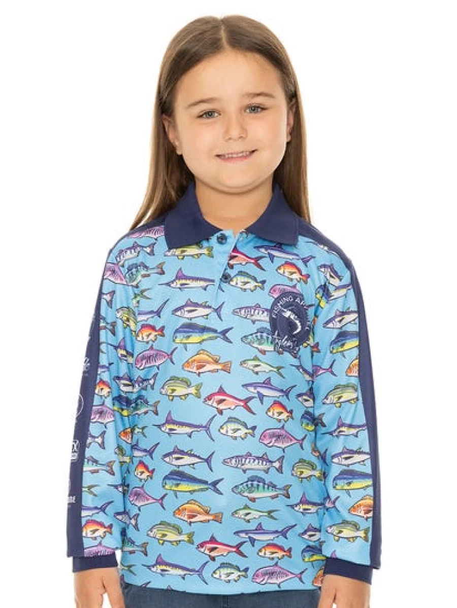 Anglers Edge Kids Fishing Polo Shirt - Blue Swimming Fish Design for Boys and Girls
