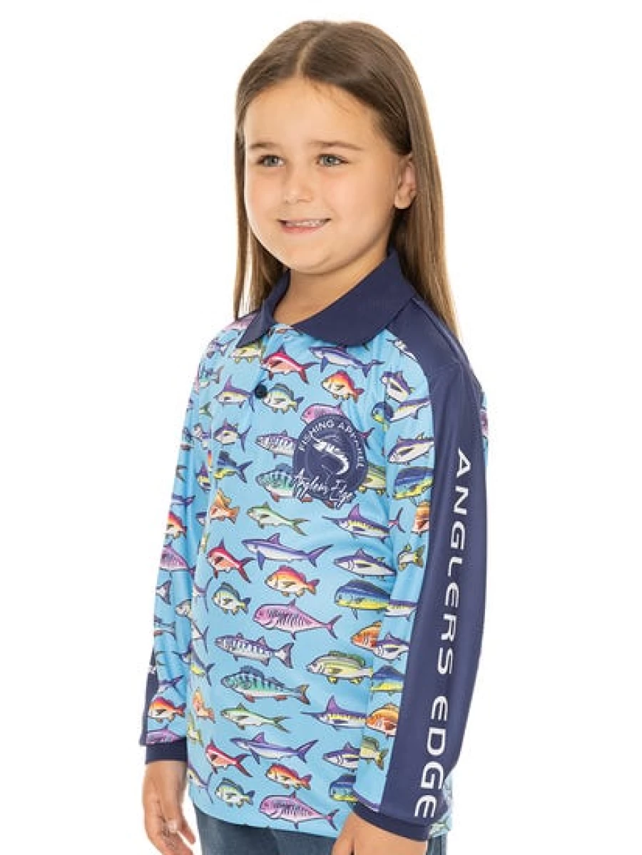 Anglers Edge Kids Fishing Polo Shirt - Blue Swimming Fish Design for Boys and Girls