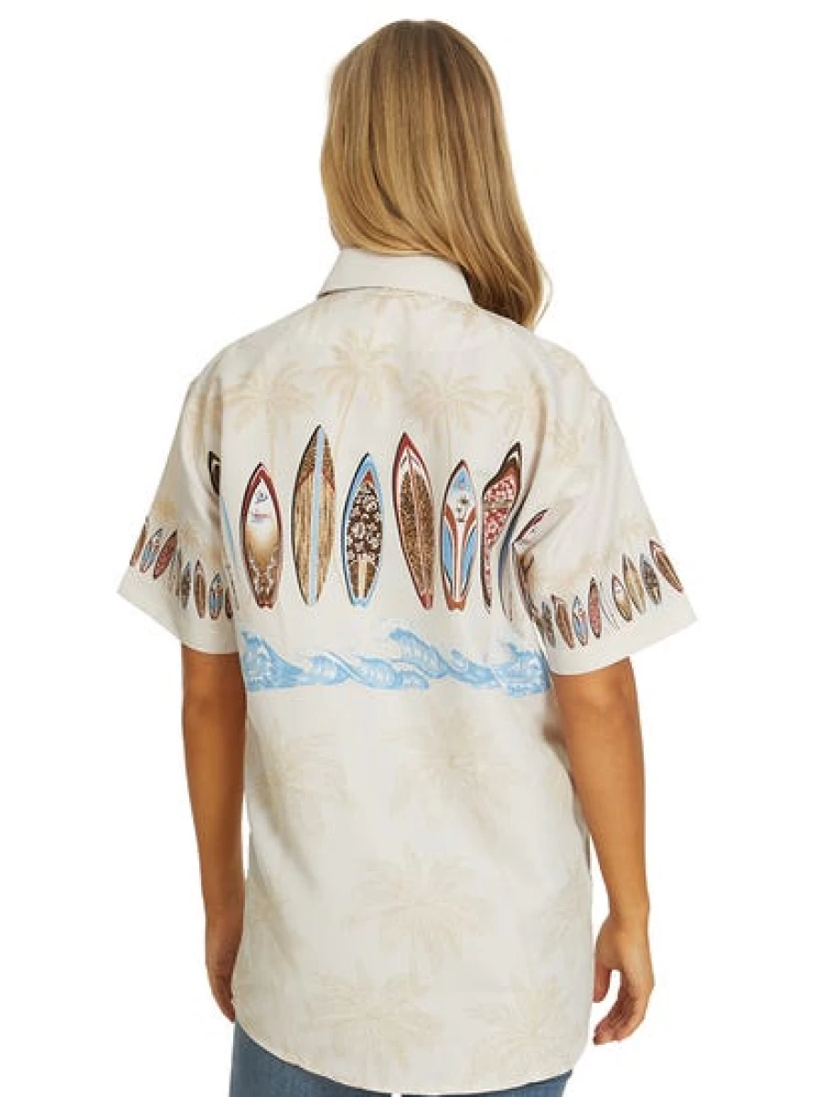 Lowes Hawaiian Shirt for Men & Women - Ivory Surfboard Print Aloha Beach Shirt