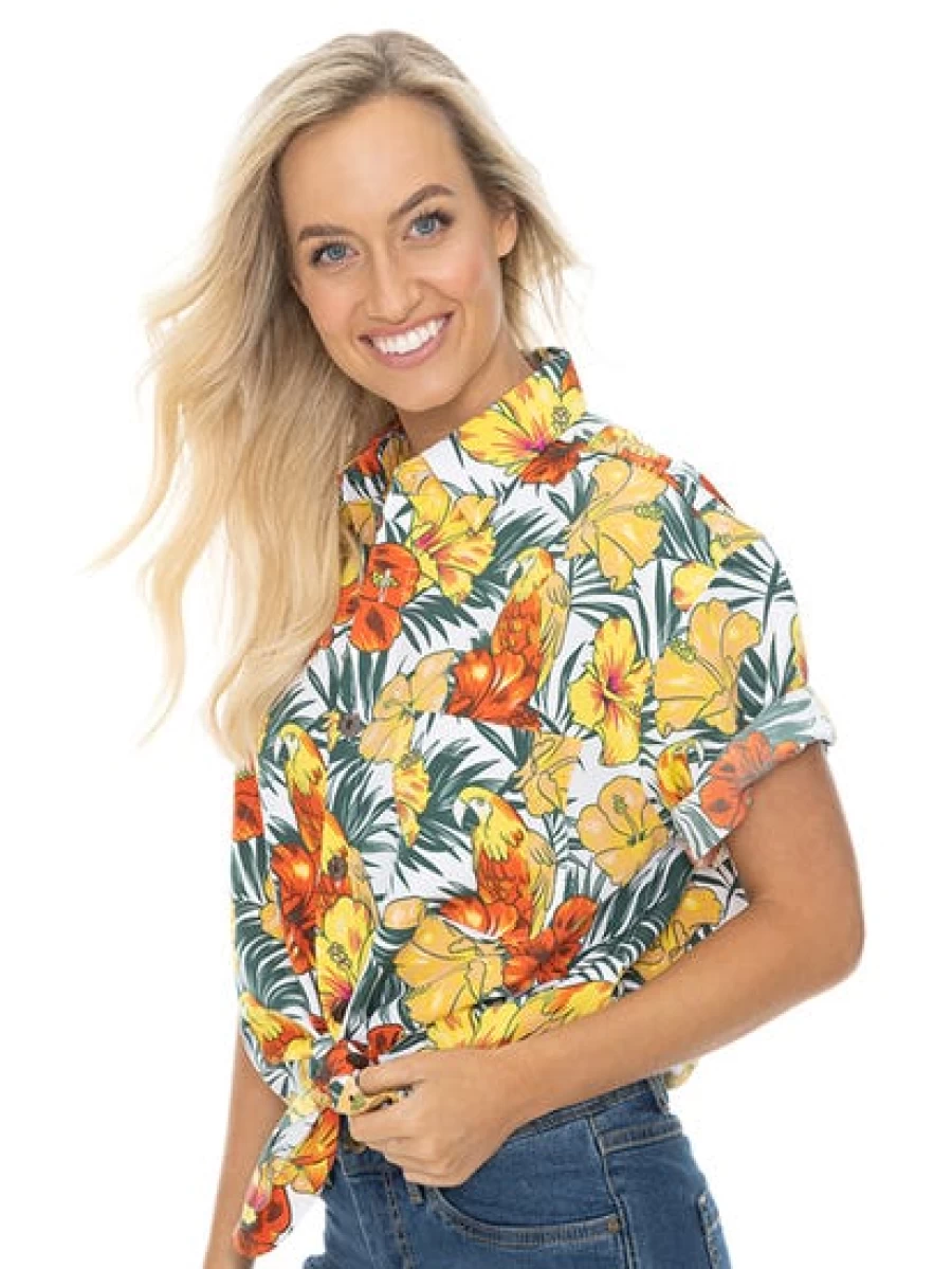 Lowes Men's Hawaiian Shirt with Parrot and Hibiscus Print - Tropical Aloha Shirt