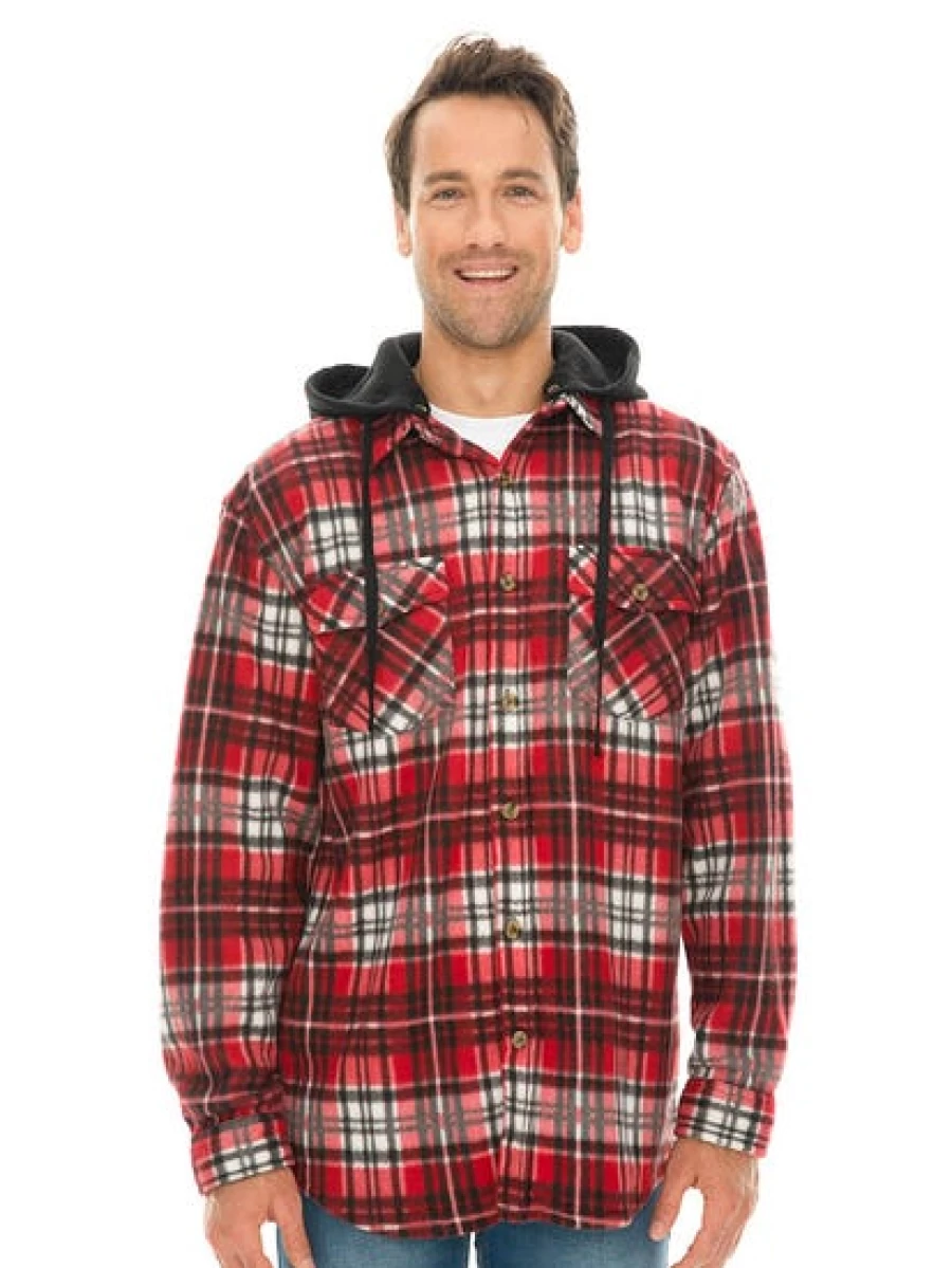 Lowes Men's Red Checkered Polar Fleece Hooded Jacket - Warm Winter Pullover