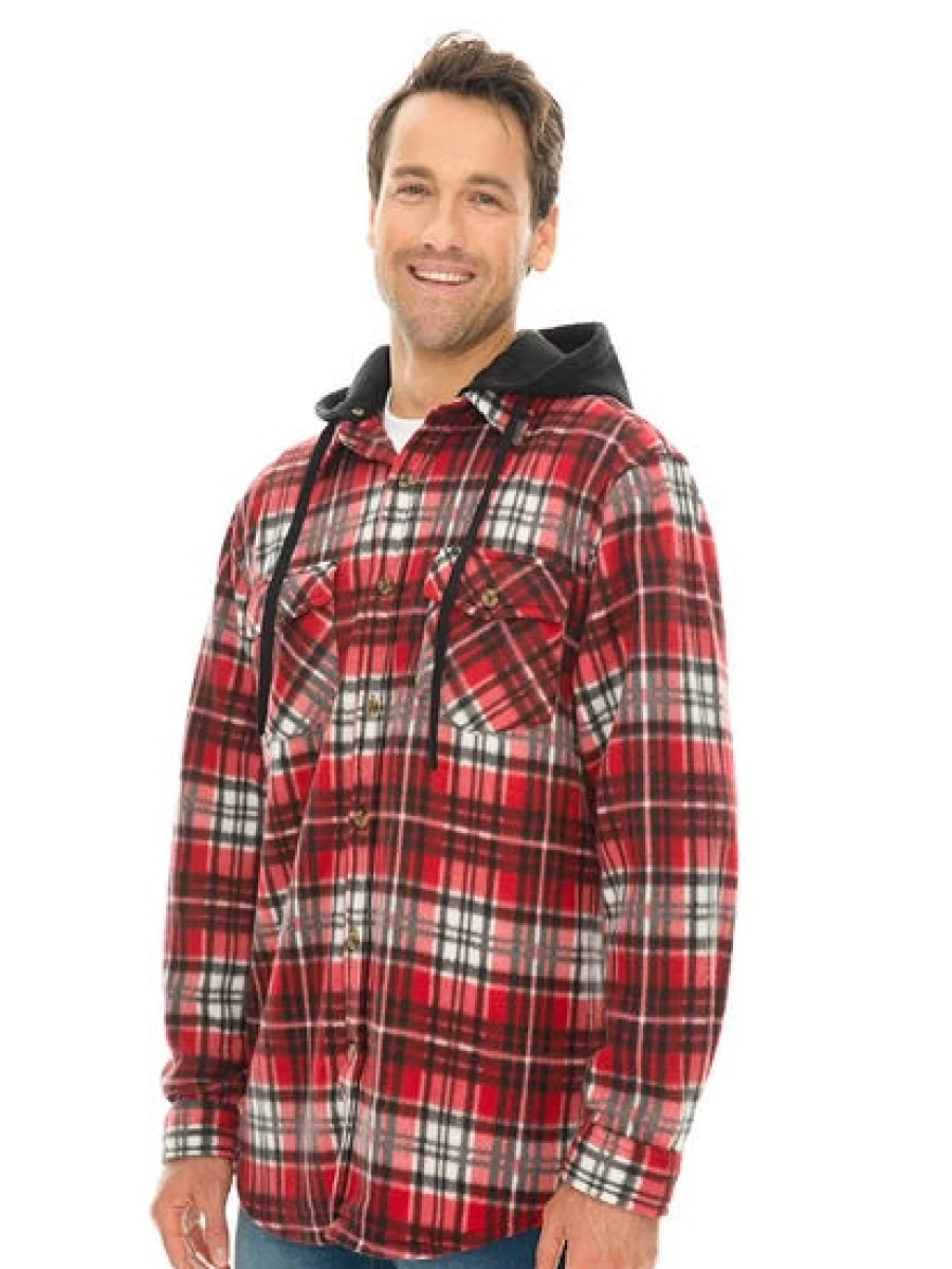 Lowes Men's Red Checkered Polar Fleece Hooded Jacket - Warm Winter Pullover