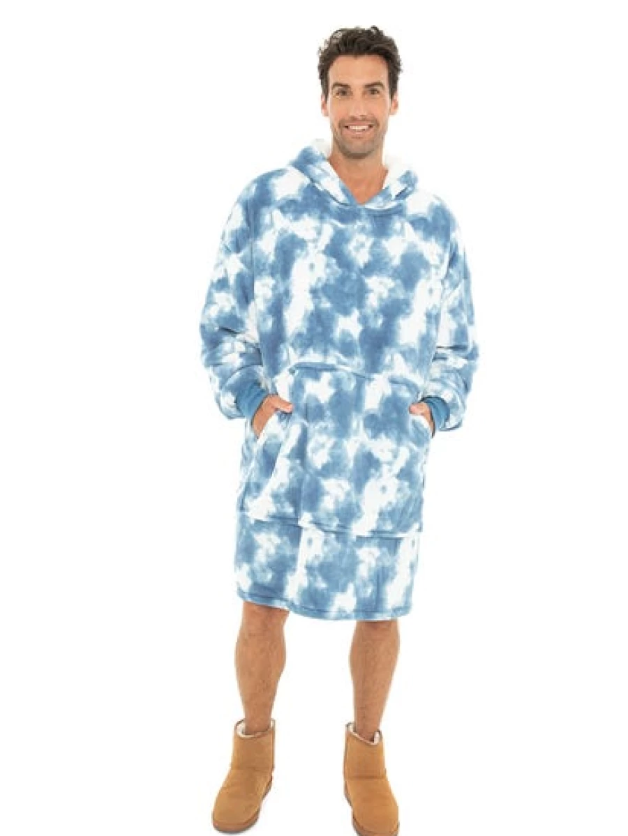 "Lowes Men's Oversized Tie Dye Hoodie Blanket - Blue And White Cozy Wear"